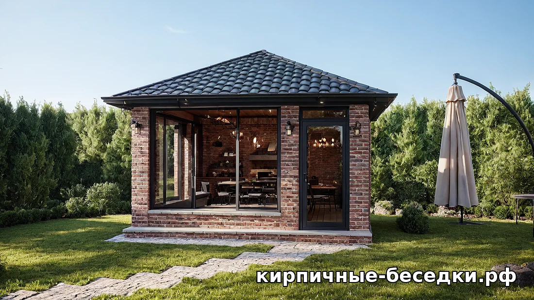 зона барбекю из кирпича под крышей капитальной беседки