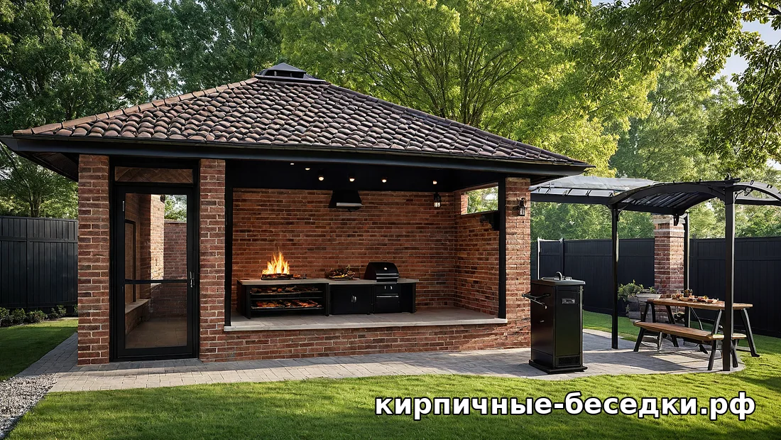 уличный мангал из кирпича в беседке с вальмовой крышей